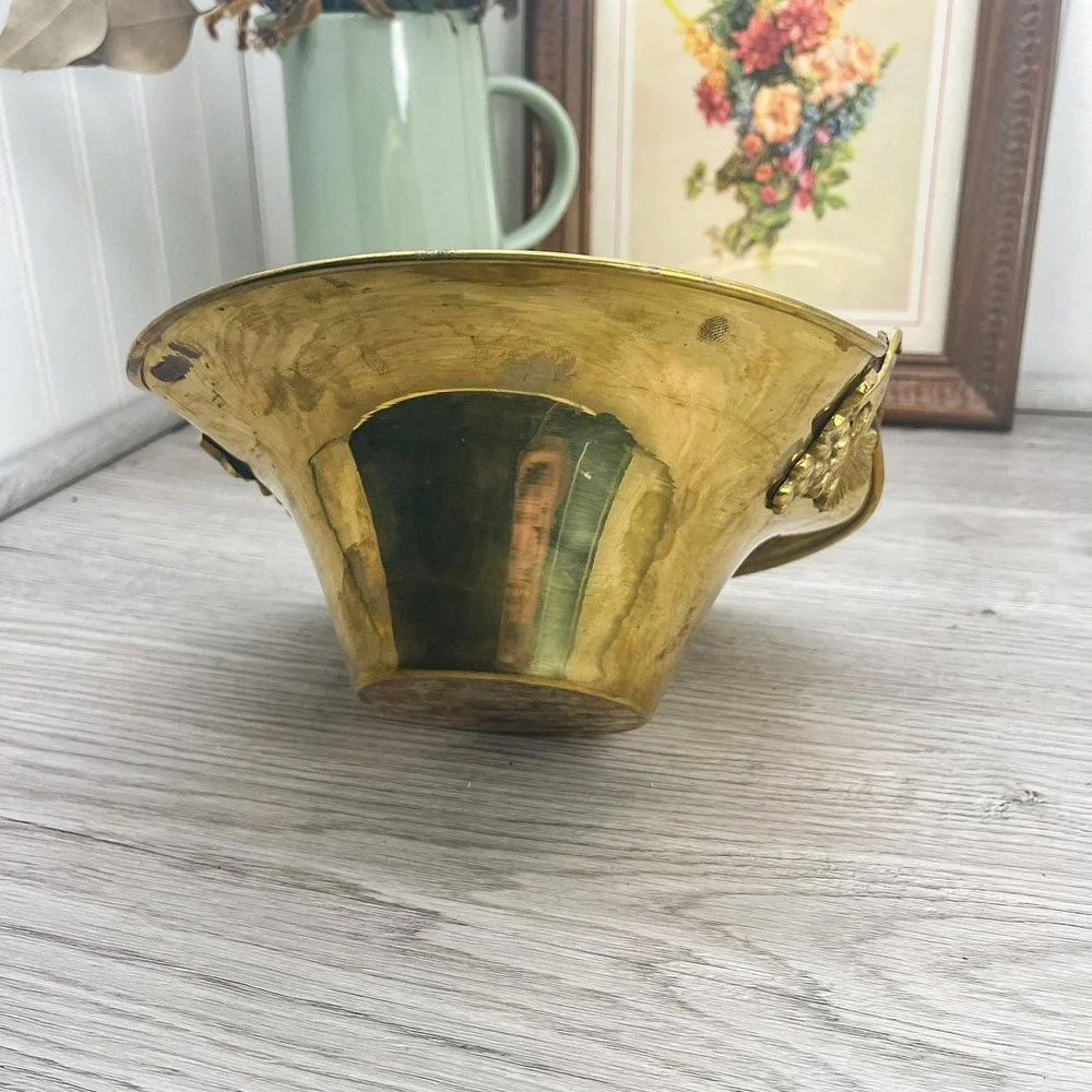 Vintage Solid Brass Basket Bowl with Scalloped Handle